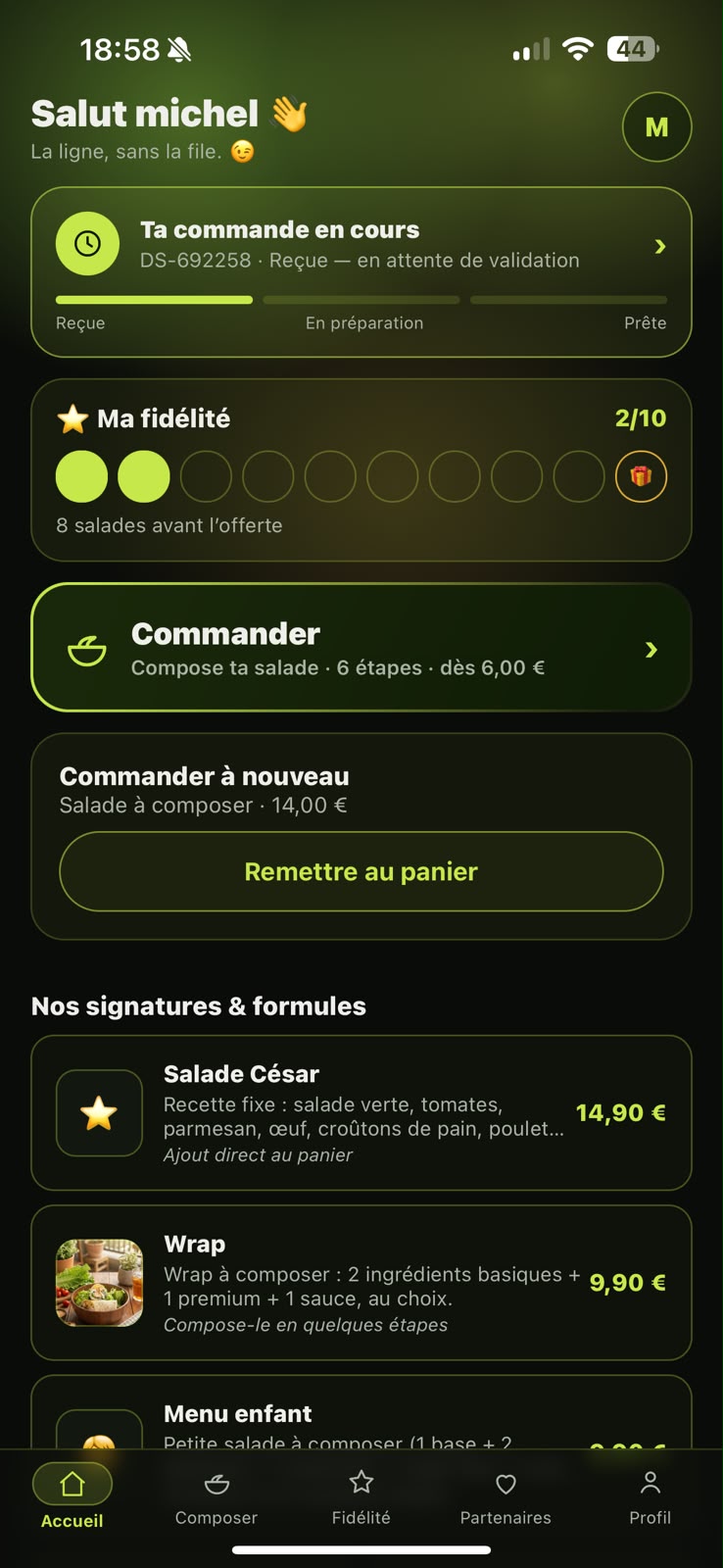 Écran d'accueil de l'app Dream'Salad