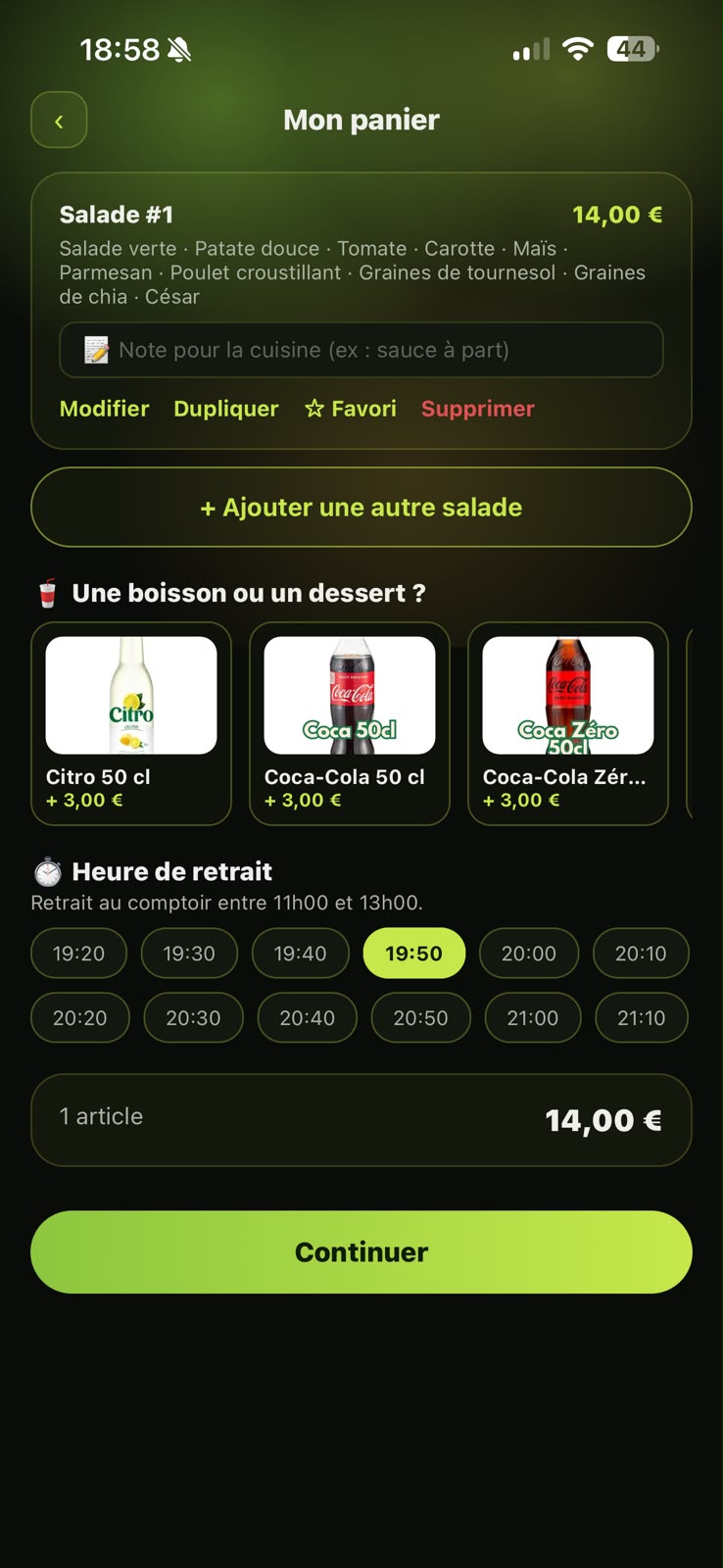 Panier, boissons et heure de retrait