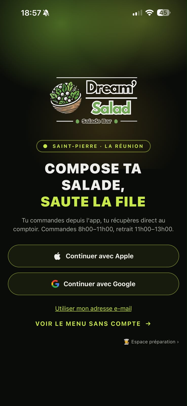 Écran de bienvenue Dream'Salad